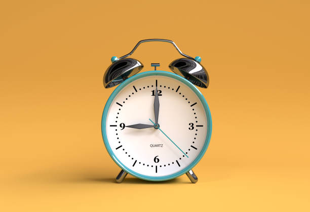 old alarm clock on yellow background 9 o'clock 3d illustration rendering